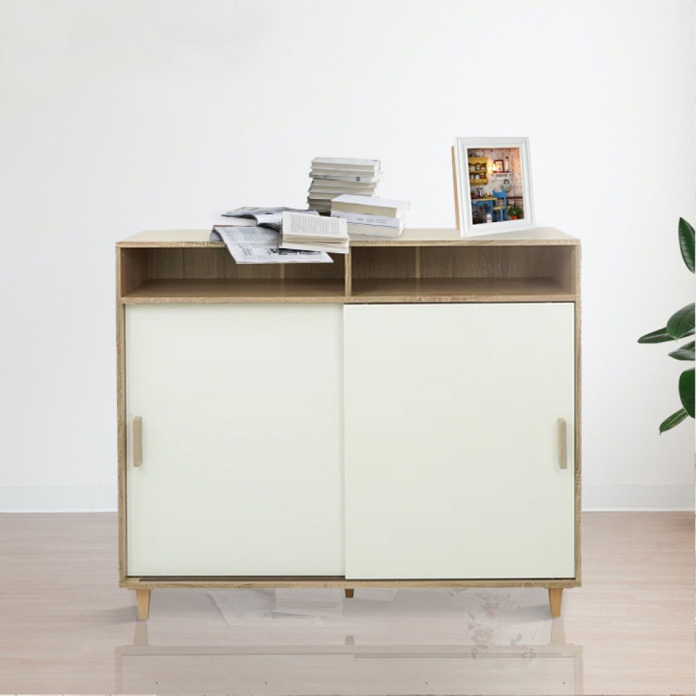 Looms ตู้รองเท้าหน้าบานเลื่อน ขนาด 120 cm. รุ่น RONELL สีไม้อ่อนตัดสีขาว (120x35x100 ซม.)  แบรนด์ LOOMS