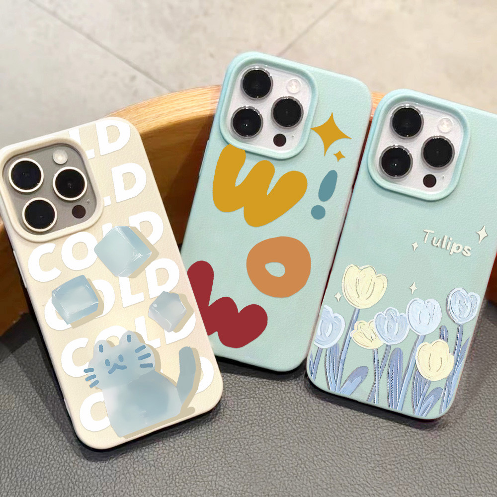 For เคสไอโฟน 11 13 12 เคส iphone 16 pro max 14 15 Pro X XR XS Max ลูกแมวและทิวลิป เคสโทรศัพท์มือถือหนัง PU อ่อนสำหรับ
