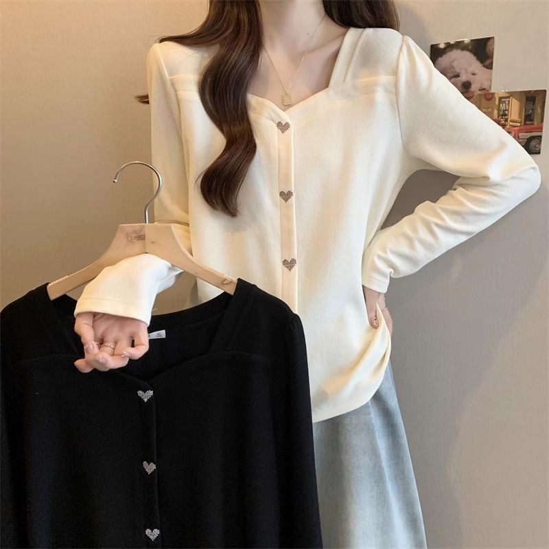เสื้อยืด Oversize(40-100กก.) Sweet Style Splicing Plain Tops Plus Size Long Sleeve Square Neck T Shirt