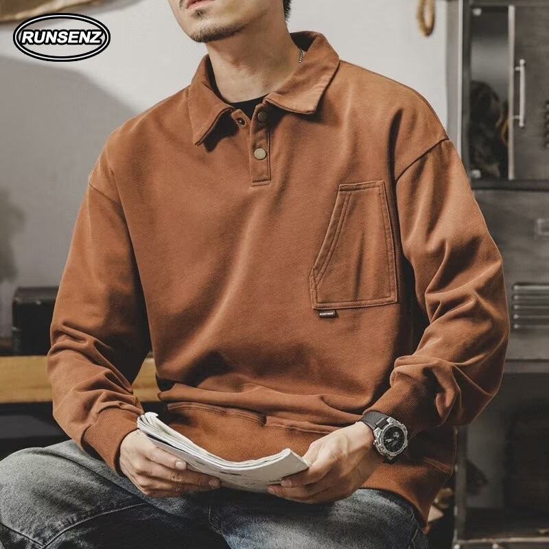 ม-5เอ็กแอล เกาหลีแฟชั่นกาแฟเสื้อกันหนาวผู้ชายที่เรียบง่ายหลวมสบายๆแขนยาวขนาดบวกเสื้อโปโล