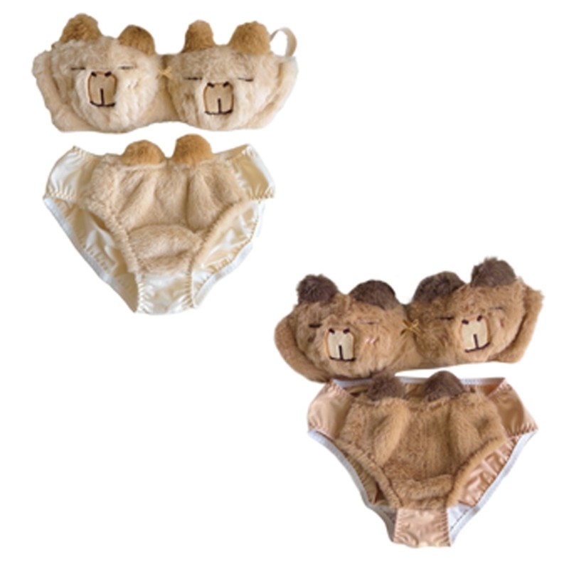 HO 2 ชิ้นผู้หญิง Anime Plush Bra และชุดกางเกงน่ารัก Capybara เย็บปักถักร้อย Furry ชุดชั้นในคอสเพลย์ญ