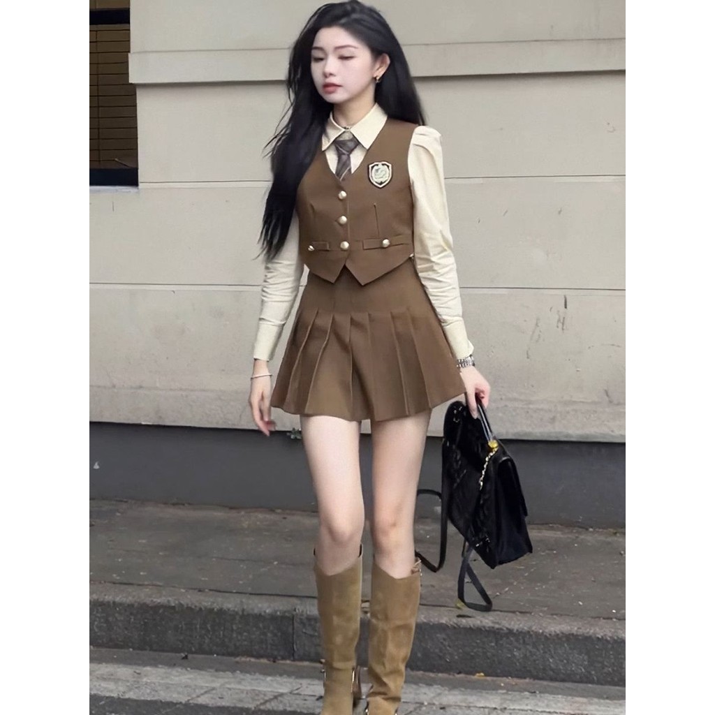 สไตล์วิทยาลัย เครื่องแบบสาวร้อน ฤดูใบไม้ร่วง อังกฤษ ชุดสามชิ้น เสื้อกั๊ก กระโปรงจีบ แขนยาว