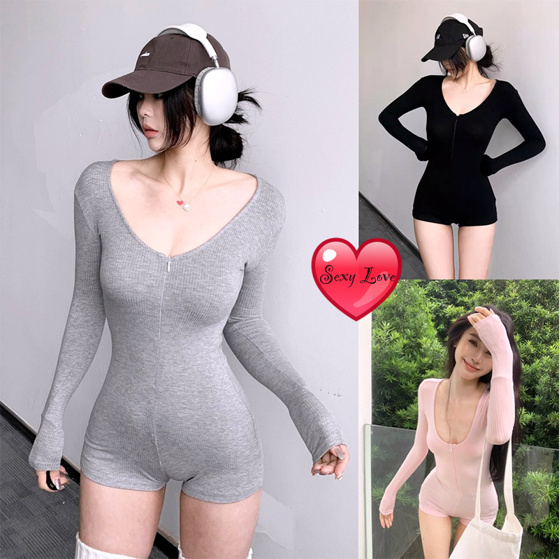 💗Sexy Love💗สุดเซ็กซี่ แขนยาว บอดี้สูท สีทึบ มุมแบน ผ้าฝ้ายโพลีเอสเตอร์ ใส่สบาย ส่งจากไทย