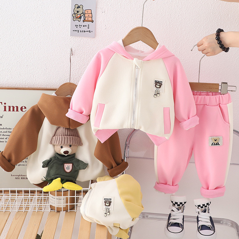 ใหม่ฤดูใบไม้ผลิฤดูใบไม้ร่วงเด็กทารกเด็กผ้าฝ้าย MLB เสื้อผ้า 2 ชิ้นชุดตุ๊กตาหมีการ์ตูนซิป Hoodie แจ็ค