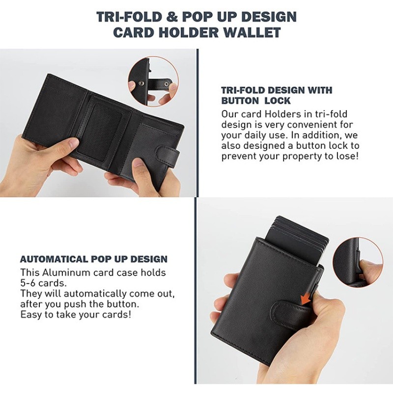 กระเป๋ารถกระบะจริงกล่องอลูมิเนียมอัตโนมัติ RFID Anti Magnetic Anti Theft Brush กระเป๋าสตางค์แฟชั่นชั้นสูงพร้อมซิปและกระเป๋าเงินทอน