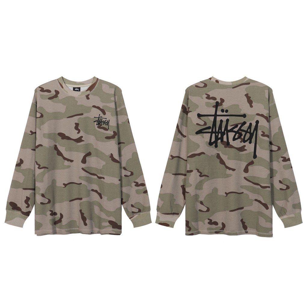 Stussy เสื้อยืดแขนยาวสําหรับผู้ชายและผู้หญิง Retro Round Neck Athletic Casual Long Sleeve Top