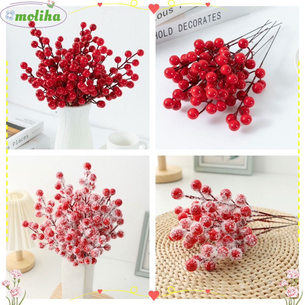 Moliha 10PCS Christmas Berry สาขา, Frost Red Red Berries สาขา, Creative ห่อของขวัญแพคเกจ Party Suppl