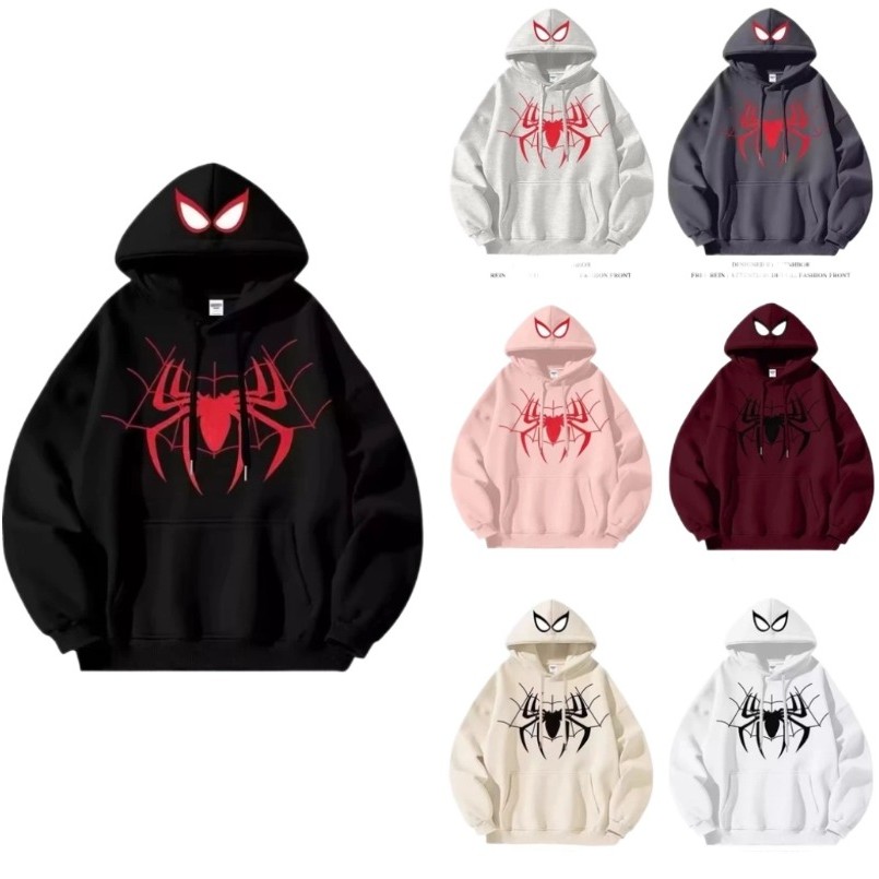 เสื้อกันหนาว มีฮู้ด ผ้าฝ้ายแท้ ทรงหลวม ลาย Spider Man สไตล์ฮิปฮอป แฟชั่นฤดูใบไม้ร่วง และฤดูหนาว สําหรับผู้ชายและผู้หญิง