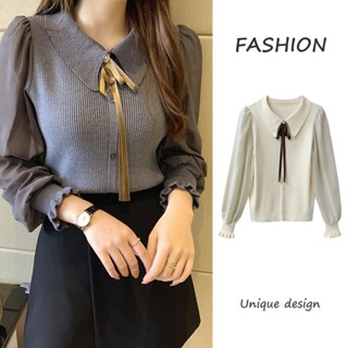 mimi&didi#เสื้อไหมพรมแขนพัฟคอตุ๊กตาโบว์ แขนยาว ทรงเข้ารูป เส…