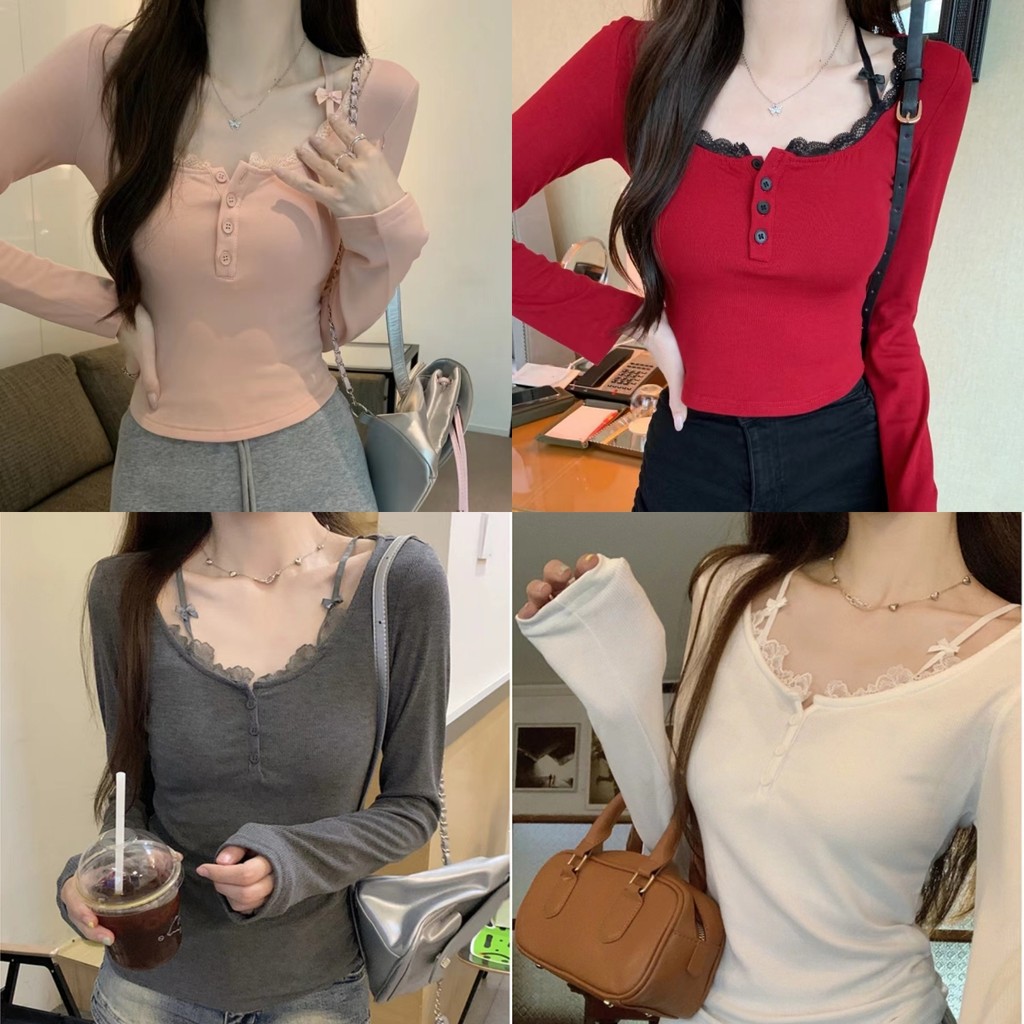 Evelyn ​เสื้อแขนยาว มีฟองน้ำ คอกลม ดีเทลแต่งสายยืดตามตัวผ้านุ่มนิ่ม crop top สีพื้น สไตล์เกาหลี#FY5046