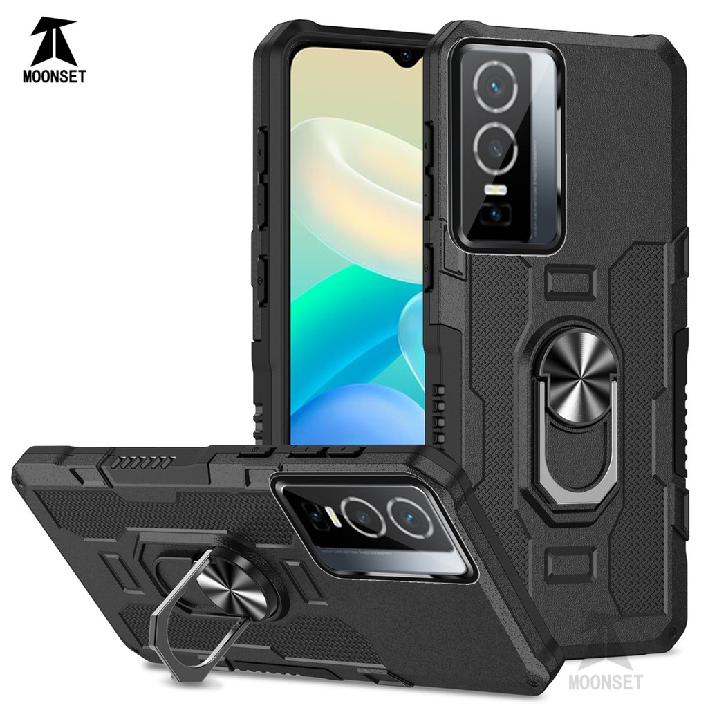 สําหรับ Vivo Y76 5G / Y76s กรณี Hard PC กลับ Soft TPU Edge กล้องป้องกันแหวนผู้ถือ Kickstand กันกระแทก Slim บางฝาครอบ