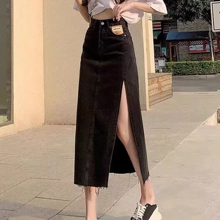 ผู้หญิงเอวสูงหัวเข็มขัดด้าน Slit ผ้ายีนส์กระโปรงยาว