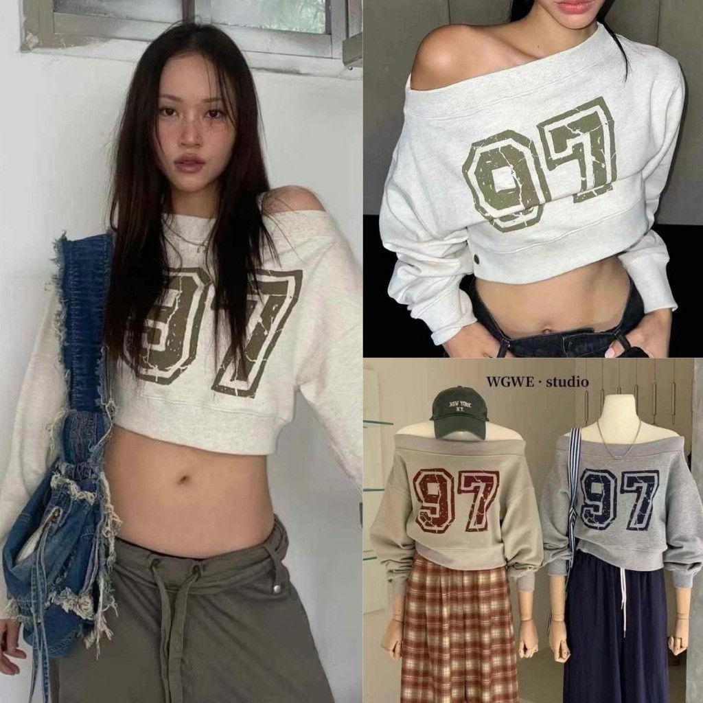 เสื้อแขนยาว W2747 สกีน 97 ปาดไหล่ ผ้าดีมาก ทรงเกาหลี ทรงน่ารัก แฟชั่นเกาหลี TAG WG.WE