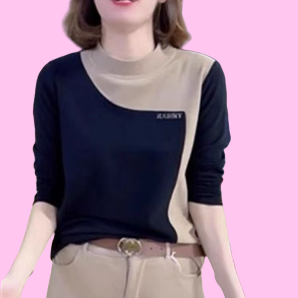 Warm Letter Diamond-Studded สไตล์ใหม่เยอรมันกํามะหยี่หนา Bottoming Half-High Collar Color-Blocking Top ฤดูใบไม้ร่วงฤดูหนาวแฟชั่นลดอายุเสื้อยืดผู้หญิง INS