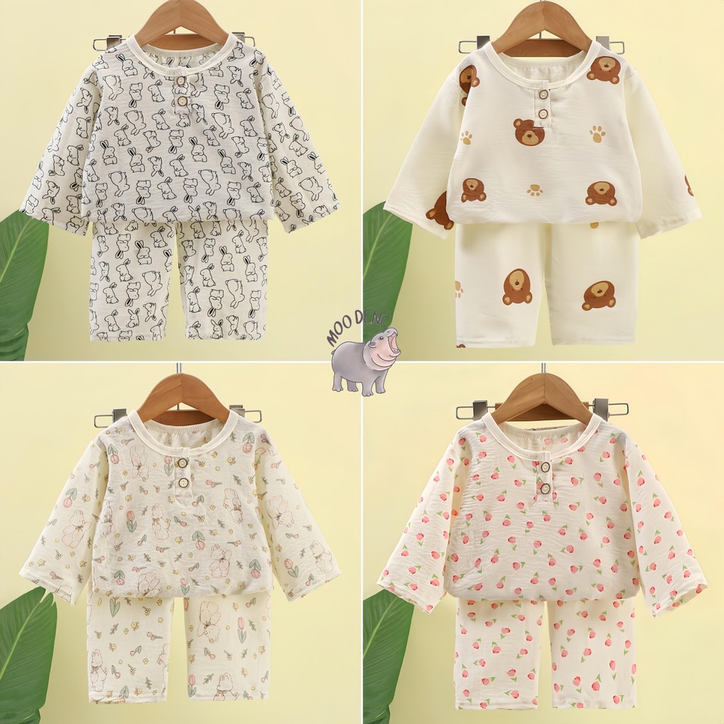 Moo Deng ส่วน เสื้อผ้าเด็กพิมพ์ลายน่ารักๆ 80-120 ซม.ชุดนอนลําลอง ผ้าฝ้าย ระบายอากาศ พิมพ์ลายก้อนเมฆน่ารัก สไตล์เกาหลี