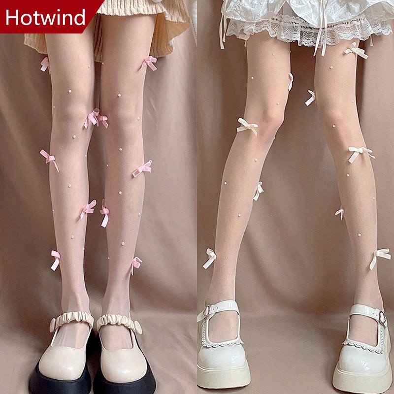 HWD ถุงน่องสตรียาว Handmade Pearl Bow ถุงน่องผู้หญิงบางผ้าไหมสีขาว Pantyhose