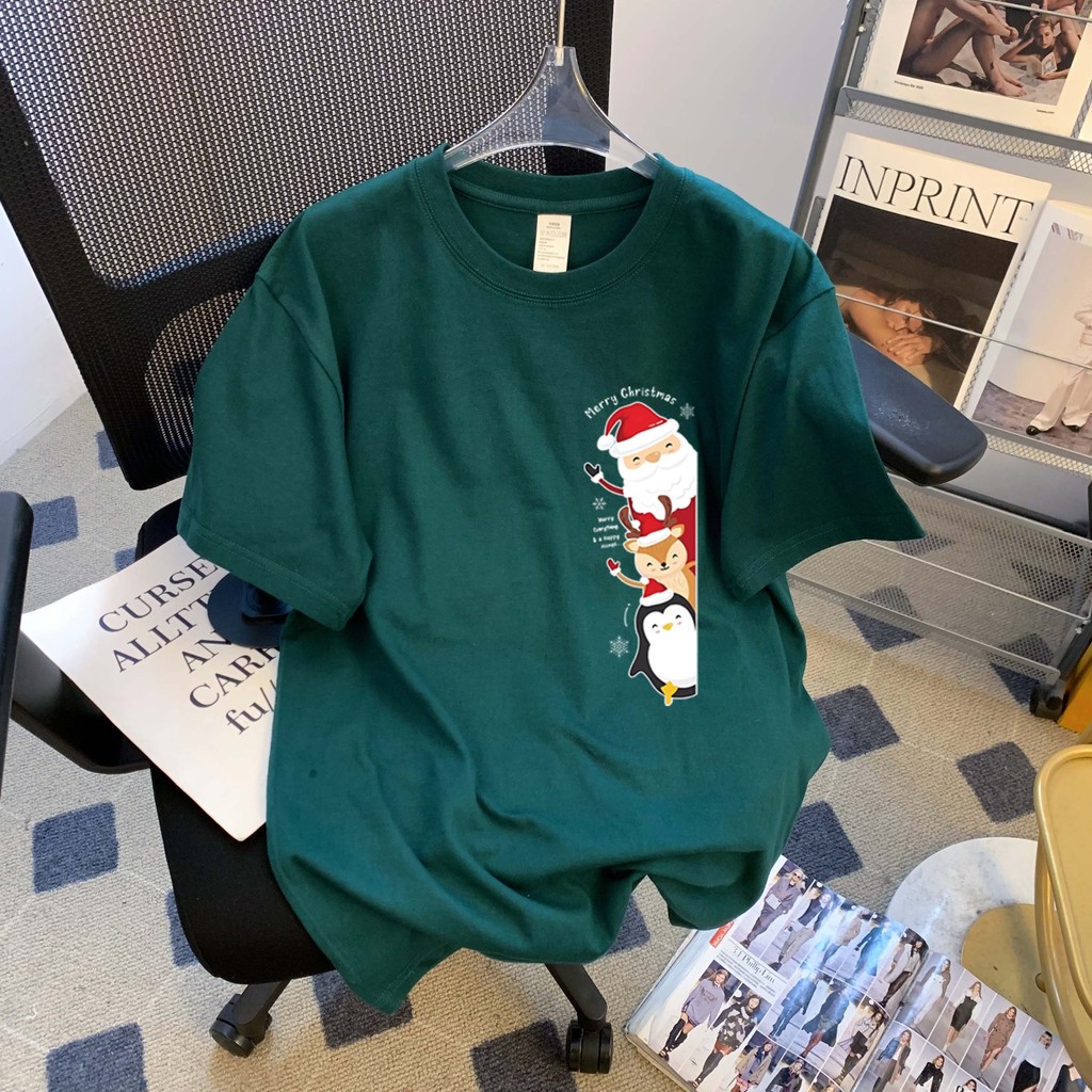 (จัดส่งตลอด 24 ชั่วโมง)Woo Right (Merry Christmas) ฝ้ายคริสต์มาสเสื้อยืดคริสต์มาสเลื่อนซานต้าด้วยลวดลายทั้งสองด้าน 1431