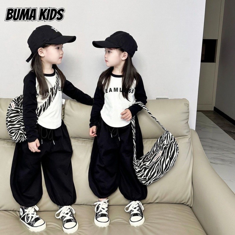 Buma KIDS เสื้อคอกลมตัวอักษรการ์ตูนสําหรับเด็ก ชุดกางเกงวอร์มลําลองแฟชั่น