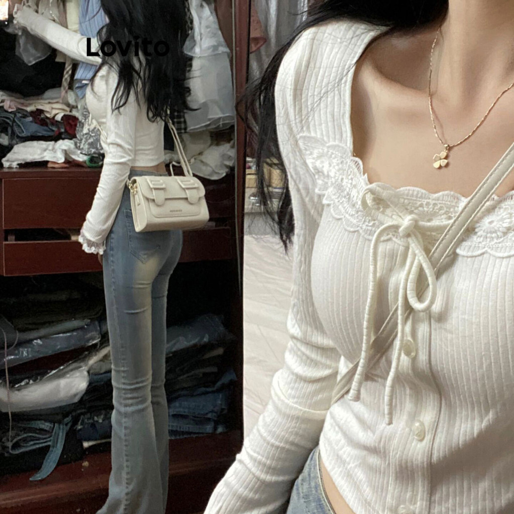 Lovito เสื้อยืดผู้หญิง แบบผูกหน้า แต่งลูกไม้ สีพื้น สไตล์ลำลอง LNA44254(หลากสี)
