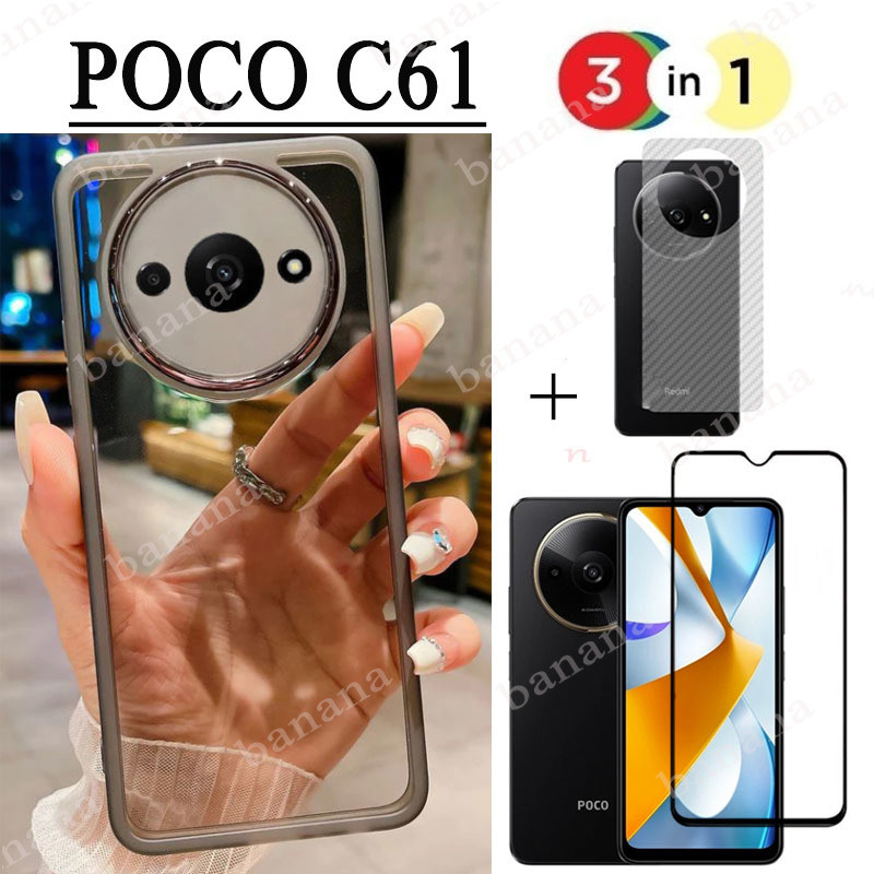 POCO C61 เคสโทรศัพท์ป้องกันการล่มสลายสําหรับ POCO C75 C65 C55 C40 3 in 1 ฟิล์มกระจกนิรภัยและฟิล์มด้า