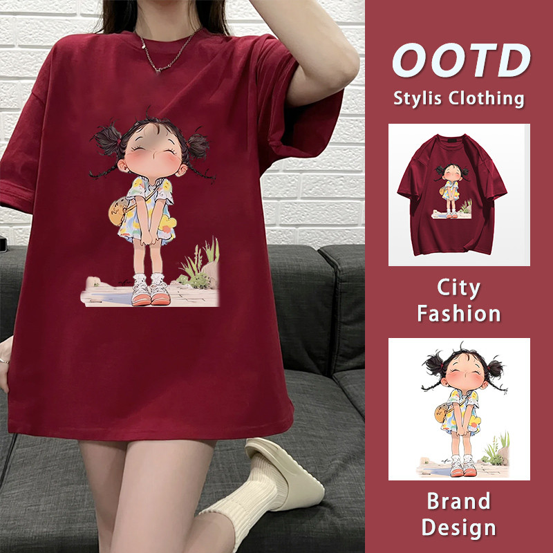 ส่งจากไทย🔥พร้อมส่ง เสื้อยืดคอกลม ผ้าฝ้าย แขนสั้น โอเวอร์ไซซ์ ลวดลายการ์ตูนเด็กหญิง 100%cotton YG206