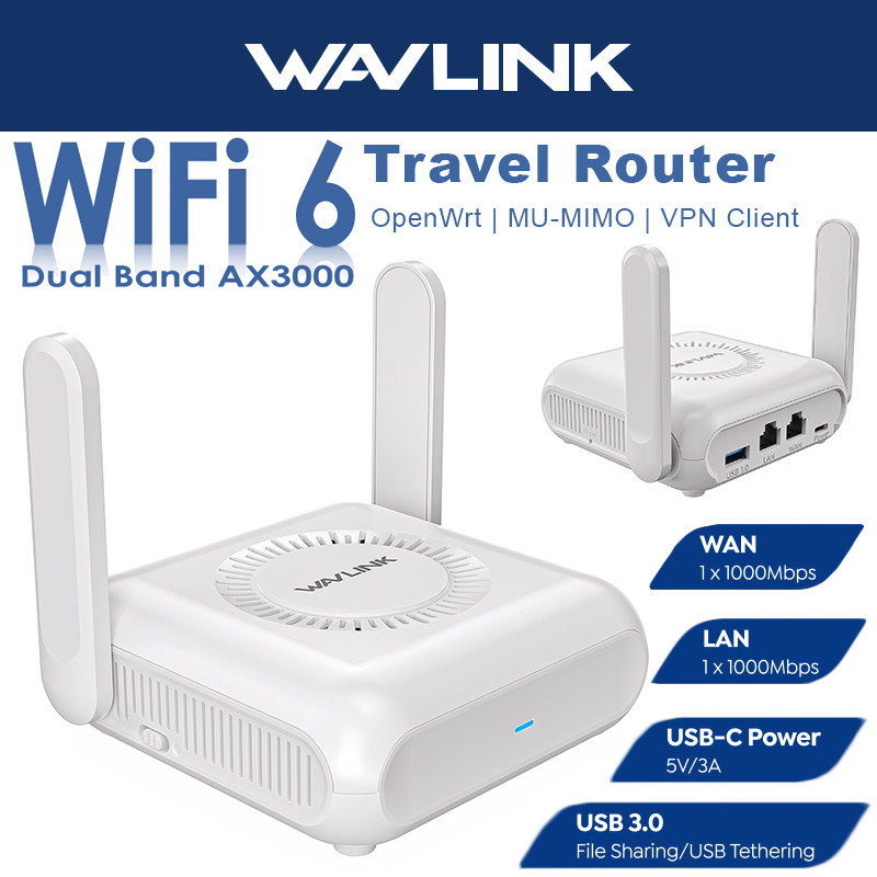Wavlink AX3000 Travel VPN Router เราเตอร์ไร้สายขนาดเล็กแบบพกพาพร้อม Gigabit LAN WAN, OpenVPN, WireGu
