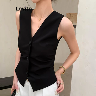 Lovito เสื้อกล้ามลําลอง เสื้อสายเดี่ยวกระดุมหน้าจับจีบสีพื้นสําหรับผู้หญิง L65ED049 (หลากสี)
