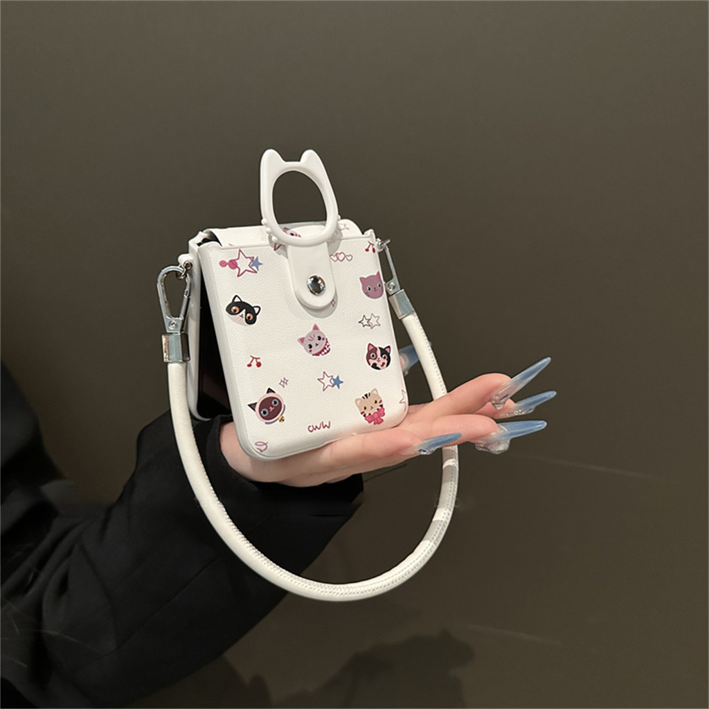 น่ารักเติมหน้าจอลูกแมวคิตตี้ลูกแมวเคสโทรศัพท์พร้อมแหวนแมวสายหนังสําหรับoppoค้นหาn3 Flip N3Flip N2Flip Findn3Flipกันกระแทกปกหลัง