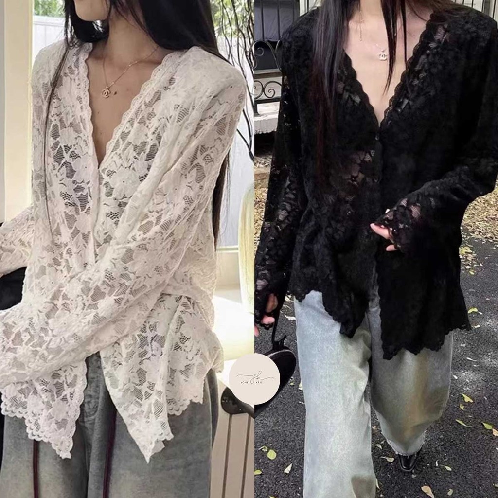 เสื้อเชิ้ตแขนยาวสีดำคอวีลายลูกไม้หรูหรา