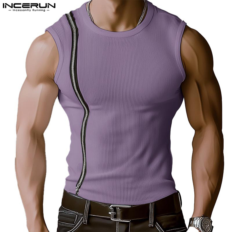 Incerun Men Vintage Street Trendy Crew Neck Contrast Zipper Design Tanks
