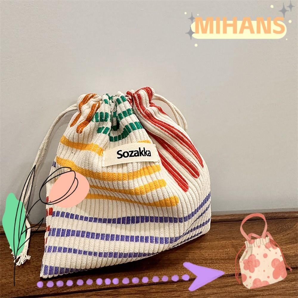 Mih Corduroy Drawstring Bag, Color Line Coin Purse Vintage Drawstring Pocket, 2024 Pastoral วรรณกรรมสไตล์เครื่องประดับกระเป๋าผู้หญิงสุภาพสตรี