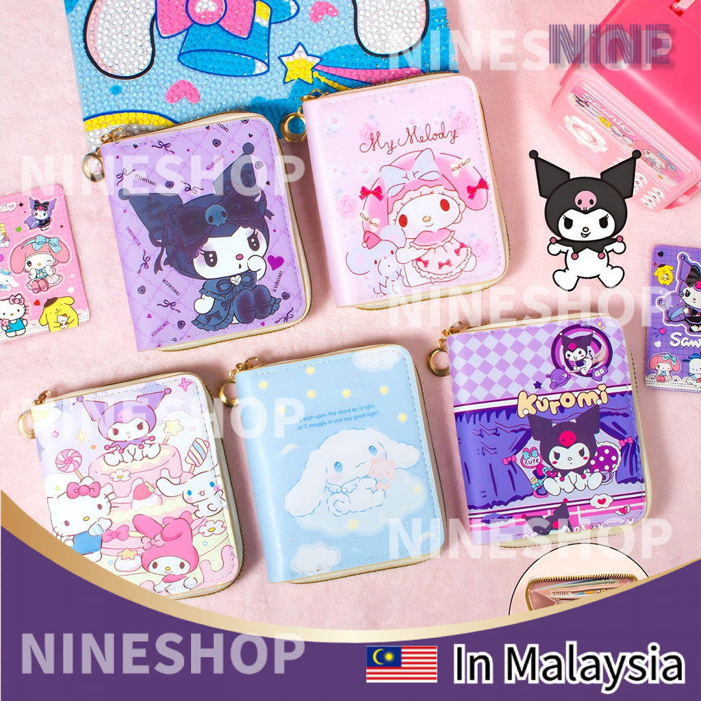 Kuromi กระเป๋าสตางค์สาว Melody Sanrio Cinnamoroll กระเป๋าใส่เหรียญ Mini Zip กระเป๋าสตางค์สั้นสําหรับเด็กผู้ถือบัตรของขวัญวันเกิด
