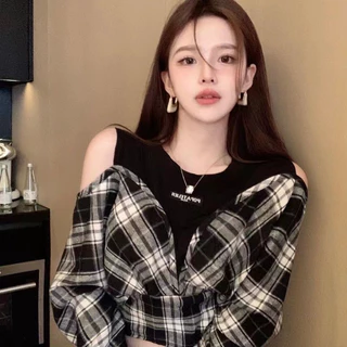 ชุดเสื้อเชิ้ตแขนยาวลายตารางสำหรับผู้หญิง แบบสองชิ้น คอวี ลายเย็บปะติดปะต่อ ฤดูใบไม้ร่วง สไตล์ ABTG APLW