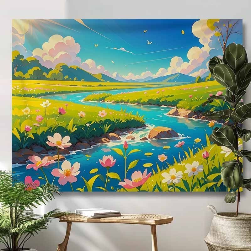 ผ้าพื้นหลังทิวทัศน์ฤดูใบไม้ผลิของอากิร์ ฮายาโอะ มิยาซากิ ผ้าแขวนตกแต่งห้องข้างเตียง ผ้าใบถ่ายทอดสด ผ้าติดผนัง - รูปที่ 2