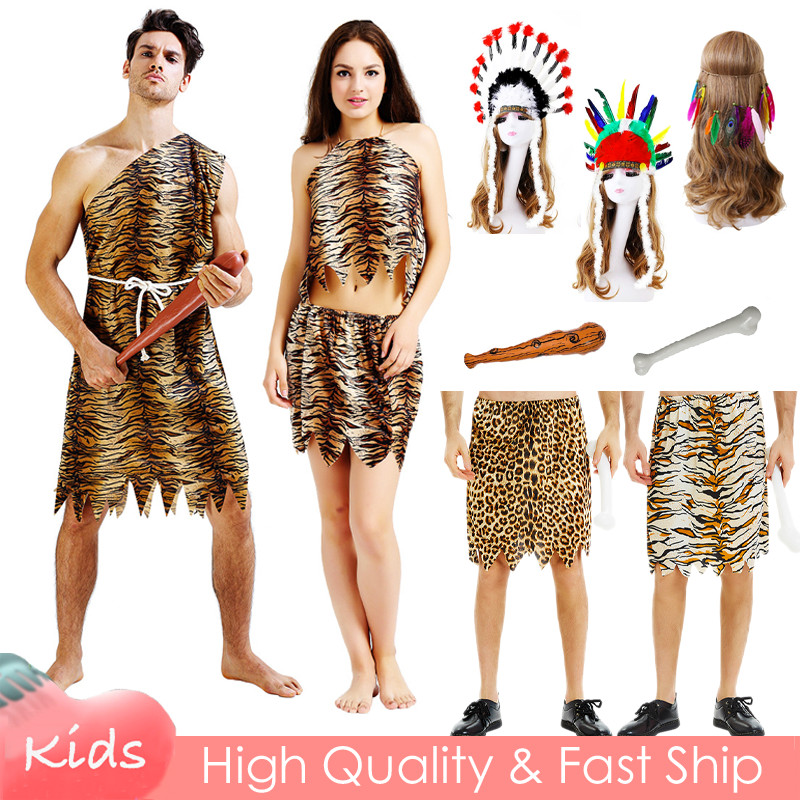 Wild Caveman คอสเพลย์เครื่องแต่งกายสําหรับผู้ใหญ่ชายหญิงกระโปรงอินเดียสัตว์แบบดั้งเดิม Tiger Halloween Party Performance ชุด