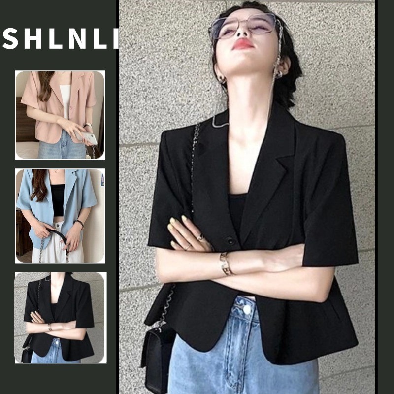 เสื้อคลุมตัวสั้นสีทึบฤดูใบไม้ผลิฤดูร้อนสําหรับผู้หญิงเสื้อคลุมแขนสั้นแบบบางทรงหลวม
