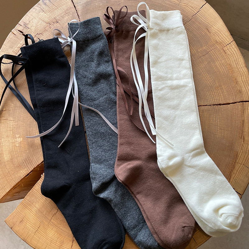 สาวหวานส้นโพลีเอสเตอร์ผ้าฝ้ายโบว์ลูกวัวถุงเท้าสีทึบเรียบง่ายฤดูใบไม้ผลิฤดูร้อนบางสไตล์