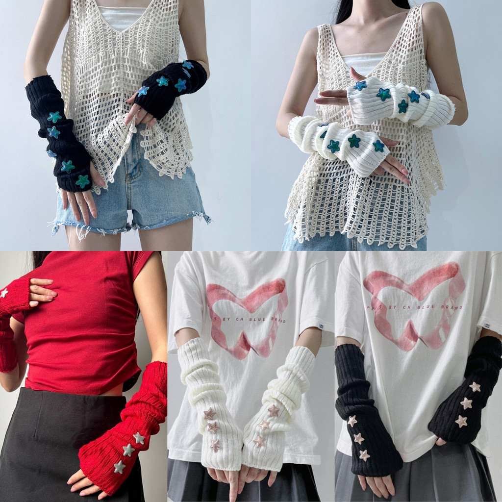 Punk Stars Arm Warmers Star ถัก Fingerless ถุงมือ Y2k Gothic Gyaru Harajuke Lolita แขนยาวแขนอุ่นฤดูหนาว