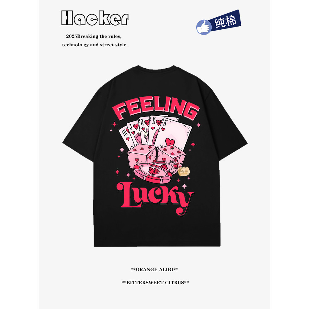 Yabi สไตล์วัฒนธรรมอเมริกัน y2k ผ้าฝ้ายแขนสั้นเสื้อยืดสีชมพูเล่นไพ่ลูกเต๋าพิมพ์รูปแบบฤดูร้อนหลวม Niche West Coast ยุโรป American Street เสื้อคู่