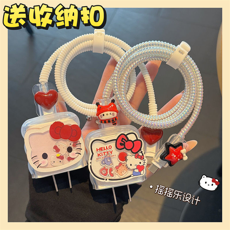 4 in 1/น่ารักการ์ตูน Hello kitty น่ารัก DIY 18w/20w Charger Protector ชุดเครื่องชาร์จสาย Protector สําหรับ iPhone11 12 13 14 15 16pro max