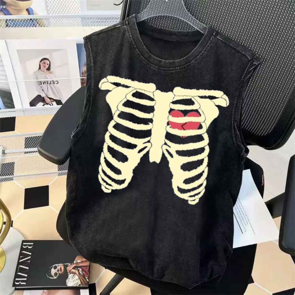 [COD] เสื้อยืด แขนกุด เสื้อกล้าม oversize ผ้าCotton100% แฟชั่น แนวสตรีท เสื้อผู้ชาย 'BONE' แขนสั้น เสื้อวินเทจ s-3xl