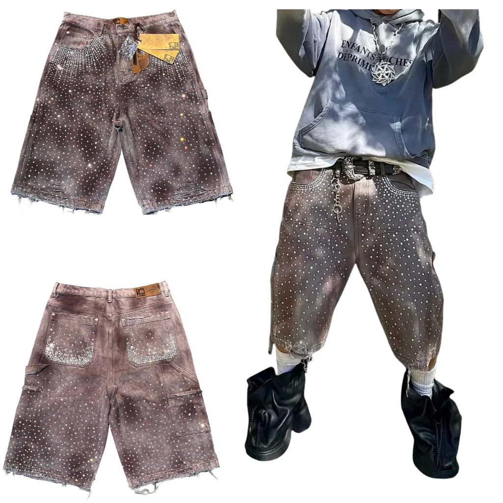 Y2k กางเกงขาสั้นผู้ชาย Retro Hip Hop Rhinestone รูปแบบ Harajuku แฟชั่นหลวม Gym กางเกงขาสั้นบาสเกตบอล Goth Casual Sweatpants Streetwear
