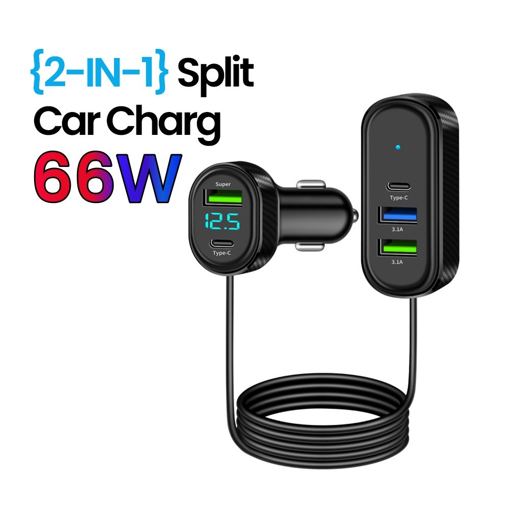 Twitch C6 3USB 2 ประเภท C 5 พอร์ตซ็อกเก็ตอะแดปเตอร์ชาร์จในรถยนต์ LED สมาร์ทจอแสดงผล 66W Multi-Function USB ชาร์จหัวในรถ