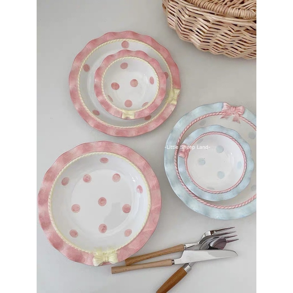 จานขนม จานเซรามิค insจานรูปหัวใจลายจุดโบว์น่ารัก สไตล์เกาหลี