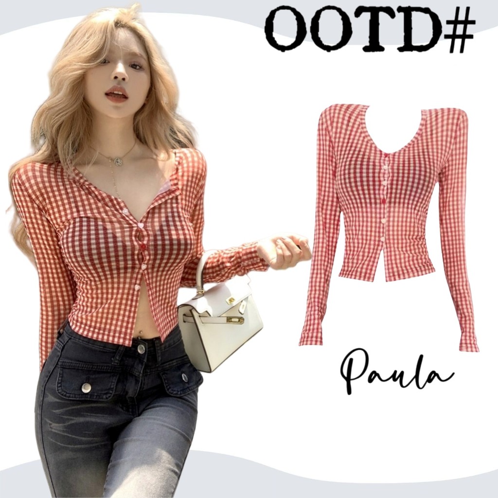 Paula พร้อมส่ง🌴เสื้อคลุมแขนยาว🌴สีแดงลายตาราง เสื้อซีทรู เซ็กซี่ เสื้อแฟชั่น ทรงครอป สไตล์สาวแซ่บ แมทซ์ได้ทุกลุคผู้หญิง