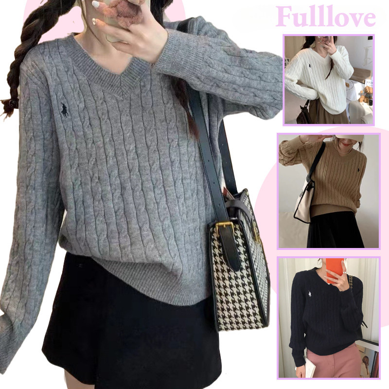 พร้อมส่ง Fulllove เสื้อกันหนาวแขนยาวฤดูใบไม้ร่วงและฤดูหนาวรูปแบบใหม่ถักบิดสีทึบคอวีเสื้อกันหนาวแฟชั่นผู้หญิง