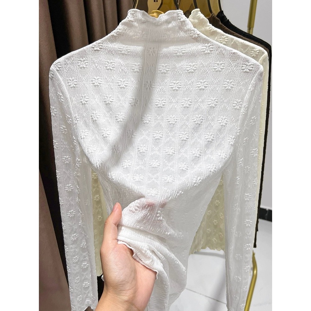 สีทึบดีงามเชื้อราขอบครึ่งคอเต่าลูกไม้เสื้อขนาดเล็กผู้หญิงฤดูใบไม้ร่วงรูปแบบใหม่ด้านใน จุดต่ําสุด เสื้อด้านบนอินเทรนด