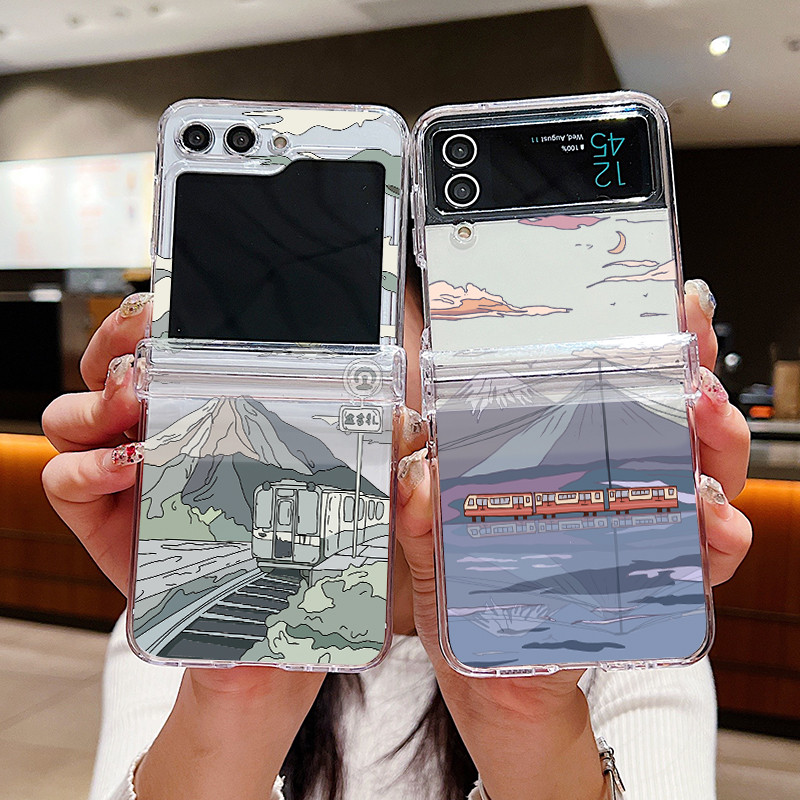 การ์ตูนรูปแบบภูเขาล้างเคสโทรศัพท์สําหรับ Samsung Galaxy Z Flip 7 Flip 6 Flip 5 Flip 4 5G บานพับเต็ม Hard PC ฝาครอบพับสําหรับ Samsung Z Flip7 Flip6 Flip5 Flip4 Flip3