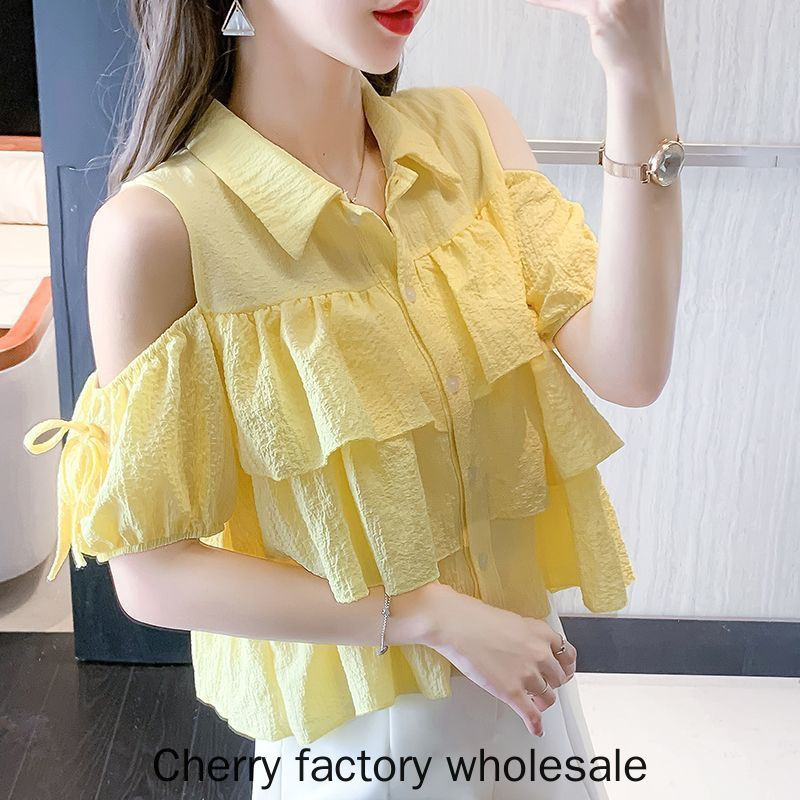 แฟชั่นผู้หญิงสไตล์ใหม่แขนสั้น Sweet Age-Reduction Ruffled Off-the-Shou
