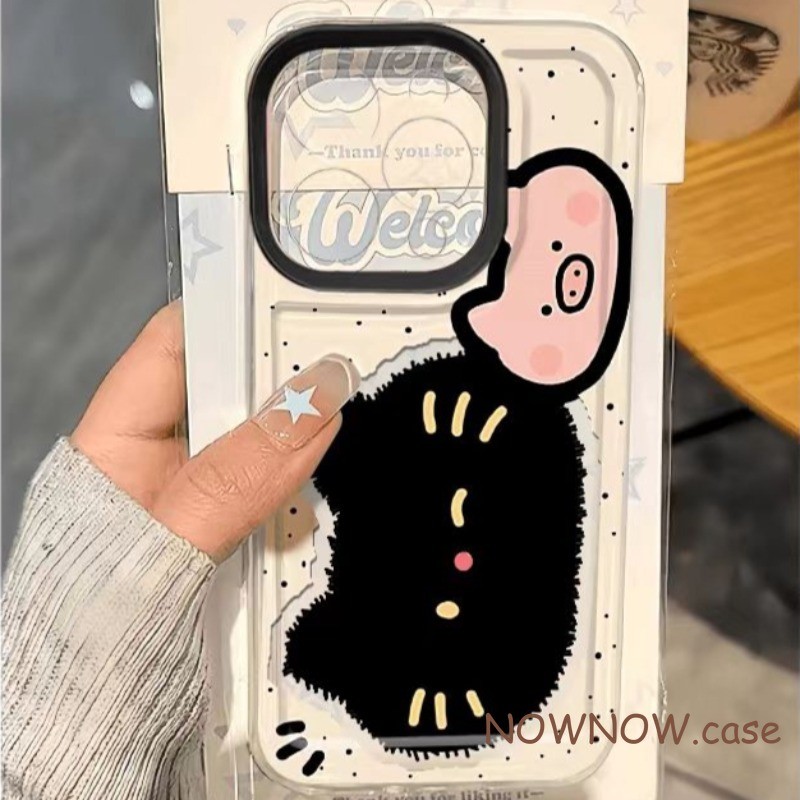 Iphone 16 15 14 13 12 11 Pro Max X XR Max 7 8 Plus INS การ์ตูนน่ารักแมวดําหมูเคสโทรศัพท์ Space shell ปกอ่อน